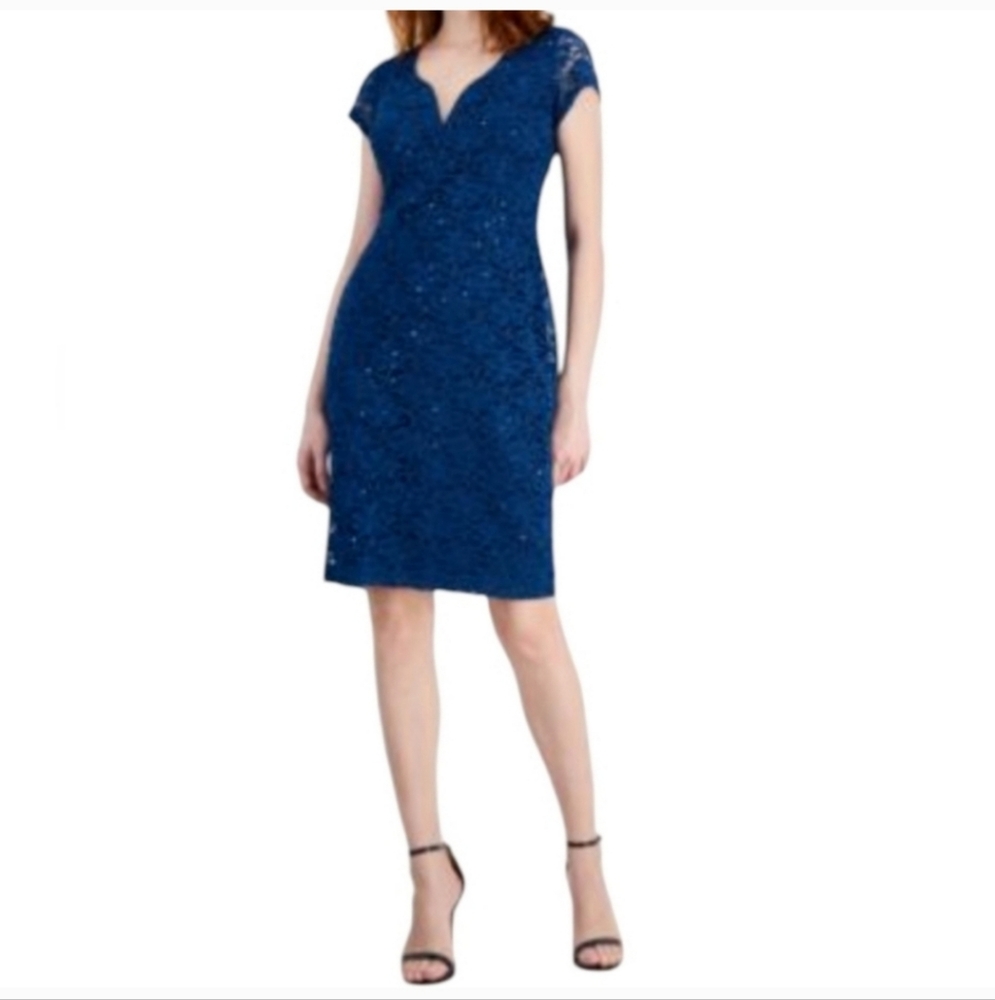 NEW Connected Apparel Blue Sequin Floral Lace Sheath Dress 16
